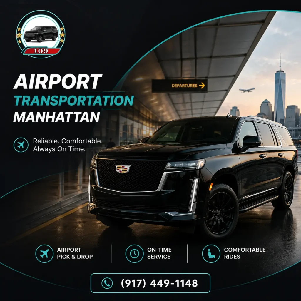 Luxury black SUV promoting Manhattan airport transportation with airport terminal background, highlighting reliable airport pick-up, on-time service, comfortable rides, and a contact phone number.