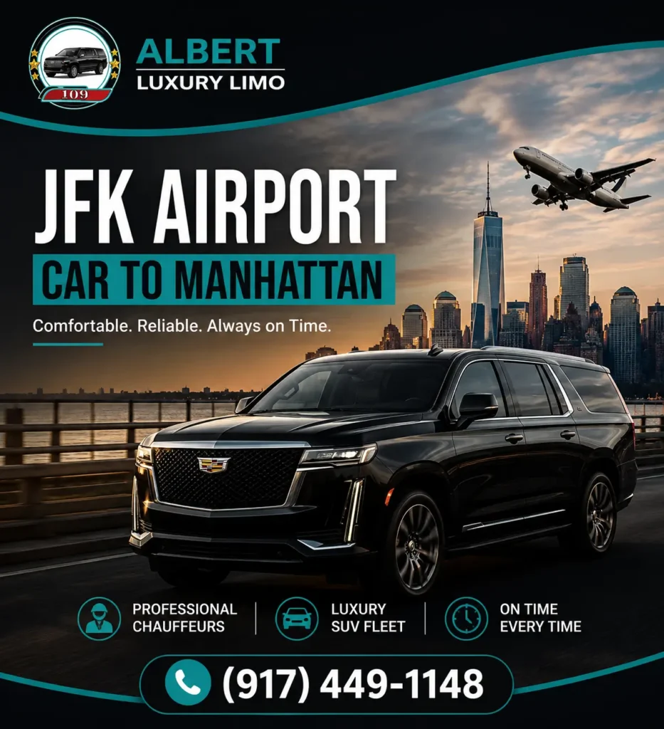 Albert Luxury Limo JFK Airport to Manhattan luxury SUV car service advertisement with professional chauffeur and airport transfer.