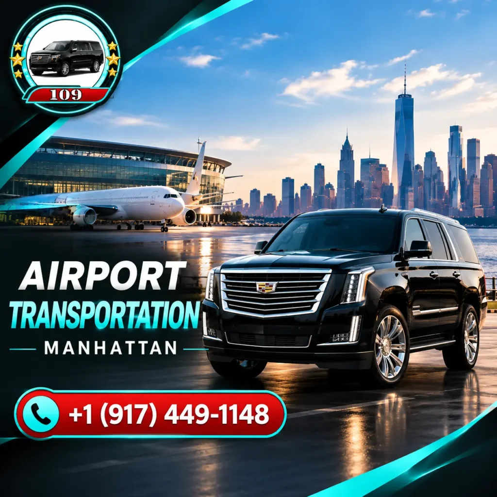 Manhattan airport transportation service with luxury black SUV and New York skyline