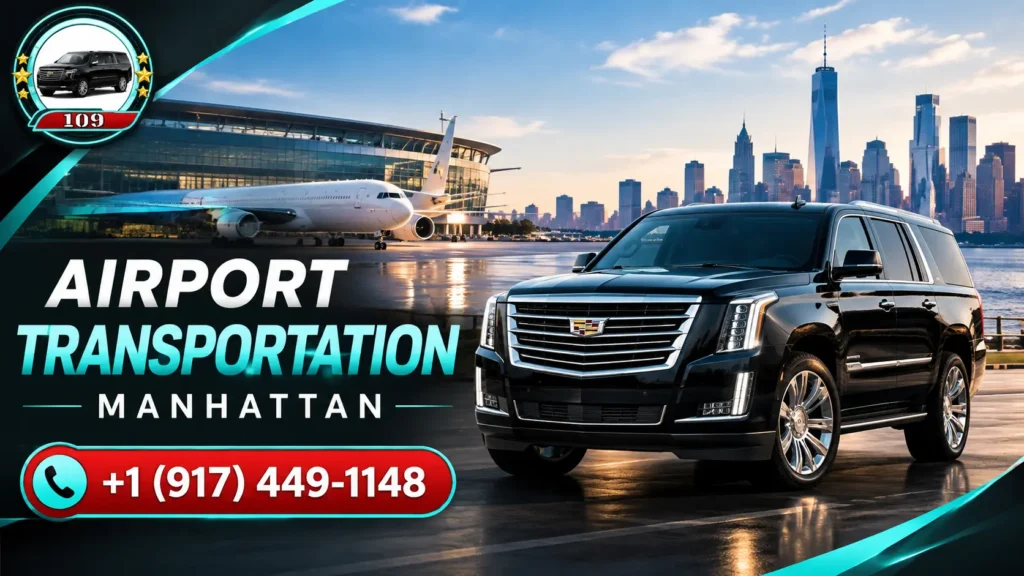 Manhattan airport transportation service with luxury black SUV and New York skyline