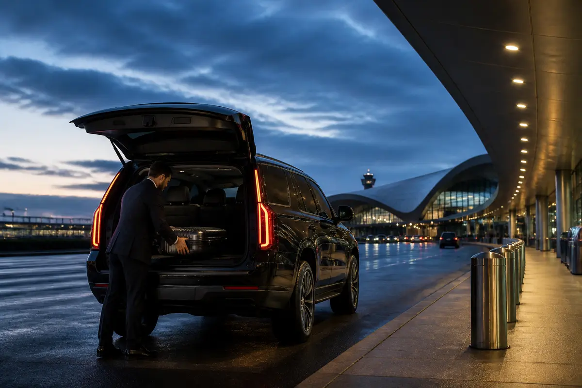 Spacious sedan trunk holding suitcases for a Manhattan airport transfer