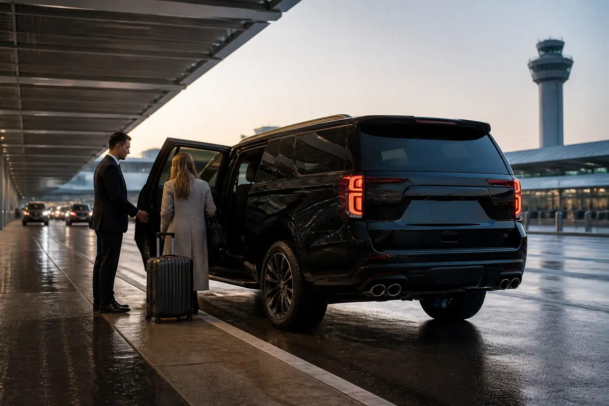 Airport chauffeur meeting passengers with luggage outside an arrivals terminal