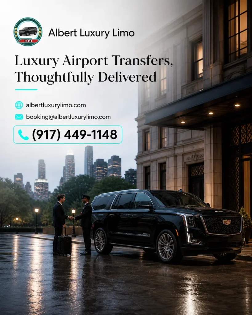 Black luxury SUV on a Manhattan street, representing airport car service planning