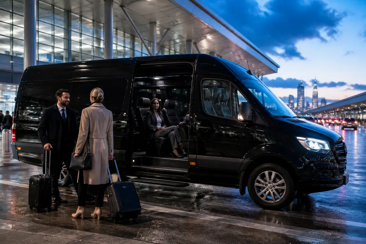 Small group comparing airport transportation choices before leaving Manhattan