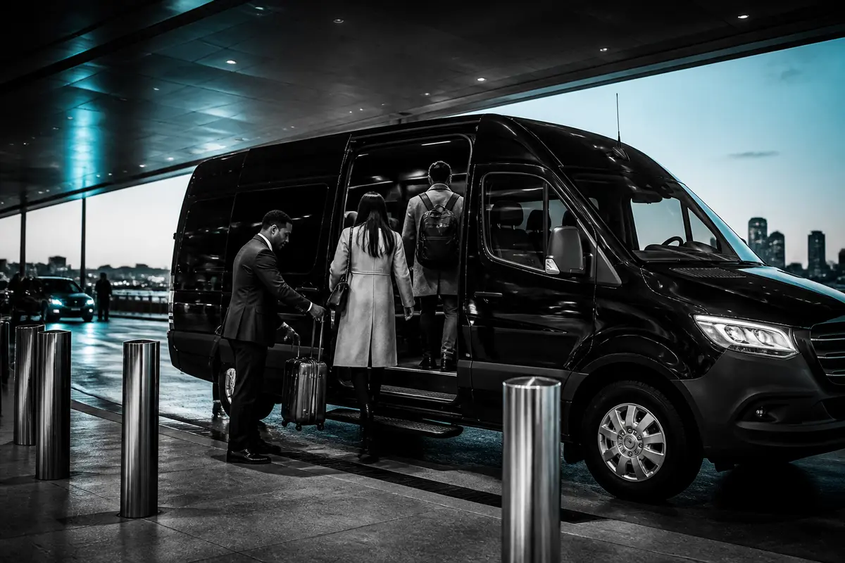 Black sedan waiting near a hotel entrance as a traveler prepares luggage