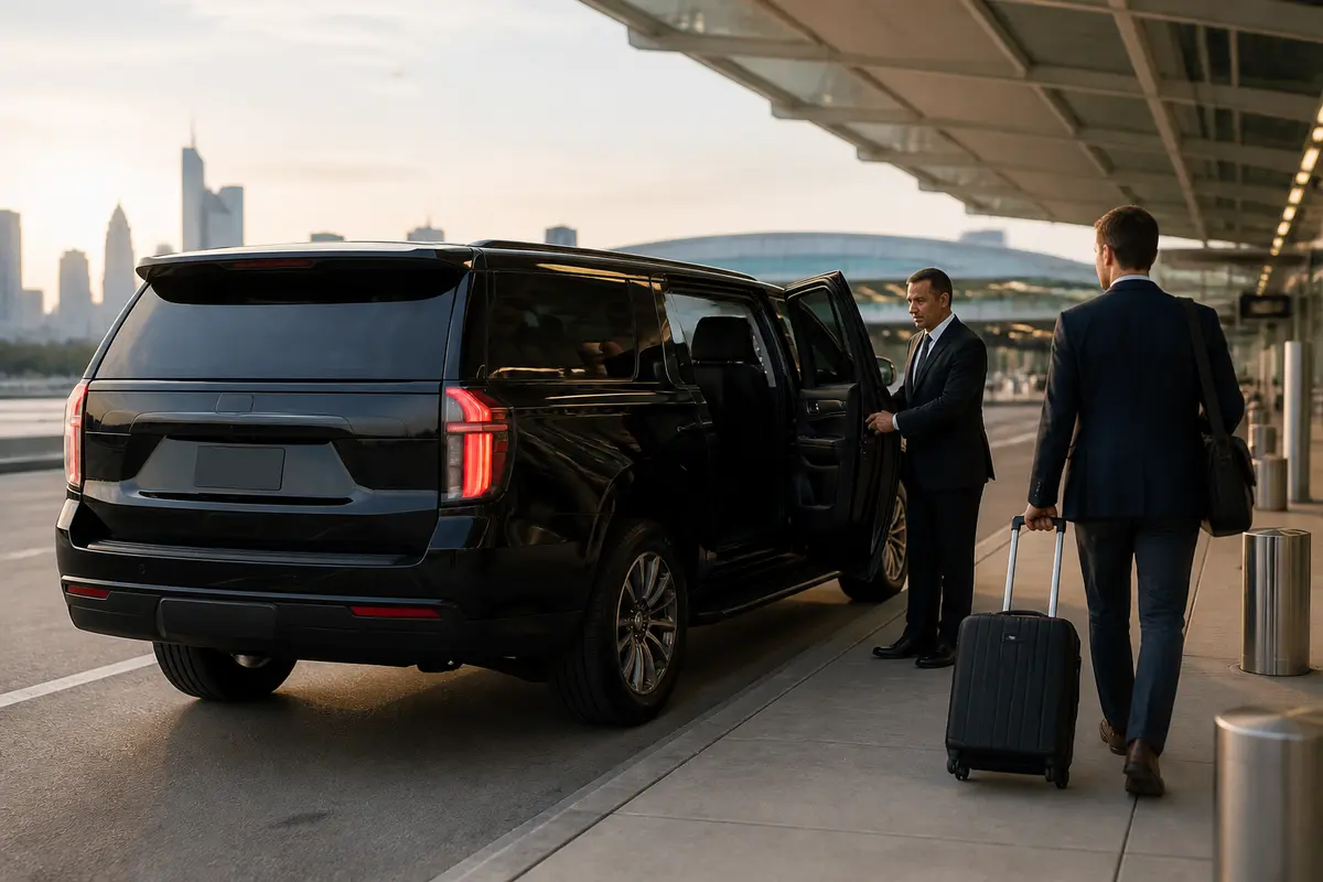 Airport terminal departure board and luggage near a curbside pickup area
