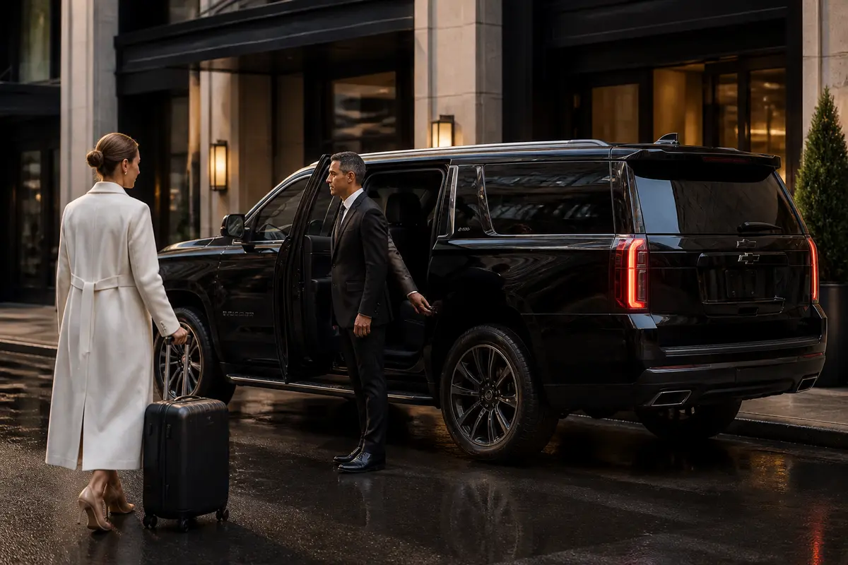 Professional chauffeur opening a sedan door for a passenger near a Manhattan hotel entrance