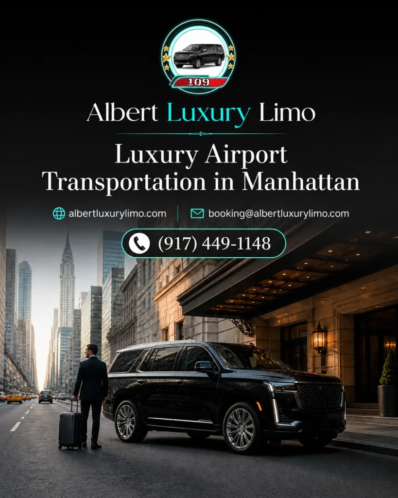 A black luxury SUV arranged for airport transportation in Manhattan with a professional city travel backdrop